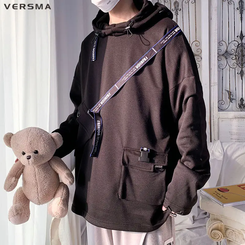 VERSMA Korean Ulzzang Ribbon Design Hoodie Sweatshirt Men Women Punk Oversize Streetwear Men Couple Sweatshirts 4XL Dropshipping