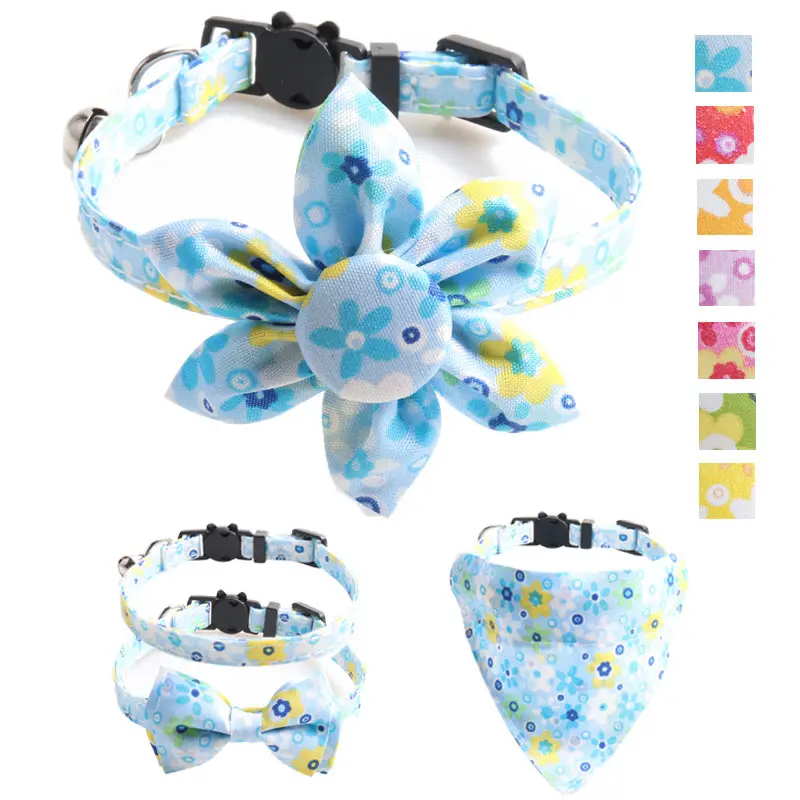 Floral Pet Cat Collar Dog Accessories Collier With Bell Chats Bow Bandana Sunflower Necklace Goats Supplies Breakaway Charm