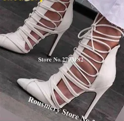 New Fashion Women Pointed Toe Straps Cross Stiletto Heel Gladiator Pumps White Red Black Suede Leather Lace-up Cut-out HIgh Heel