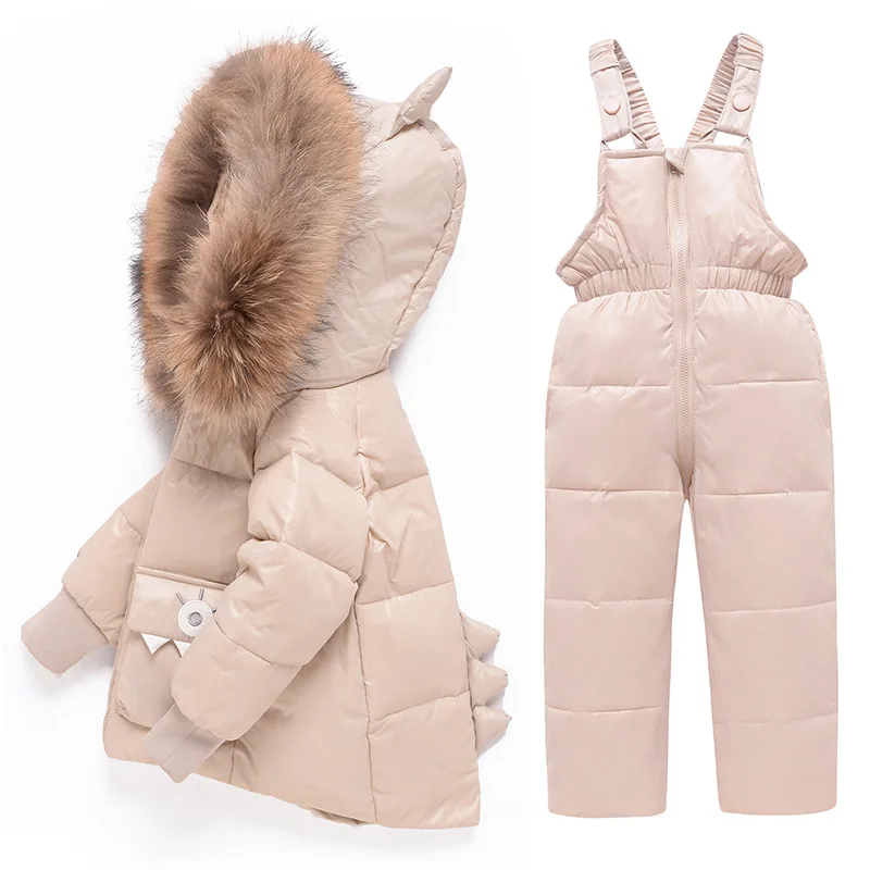 New Winter Childrens Clothing Sets Warm Baby Boy Ski Suits Snowsuits Real Fur Girl\'s Down Jackets Outerwear Coat+suspender jumps