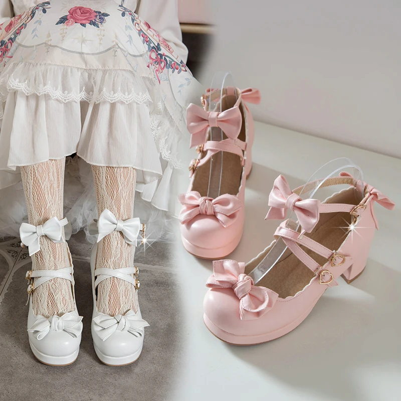 Sweet Bow Buckle Strap Mary Jane Shoes Woman Solid Color High Heel Platform Pumps Women Pink Lolita Ladies Colsplay Party Shoes