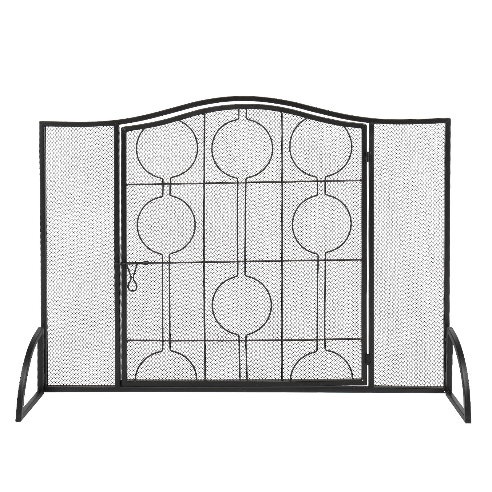 Fireplace Screen Single Door Curved Top Thin Line Round Decorative Iron 102x20x74CM[US-Stock]