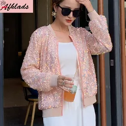 Sequined Jacket Female Spring And Autumn Patchwork Round Neck Loose Solid Color Night Club Outerwear Long Sleeved Hip Hop Coats