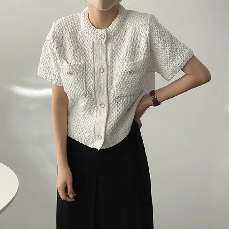 2021 New Arrivals Fashion Korea Style Versatile Single Breasted Short Sleeves Pocket White Knitted Sweater  X617