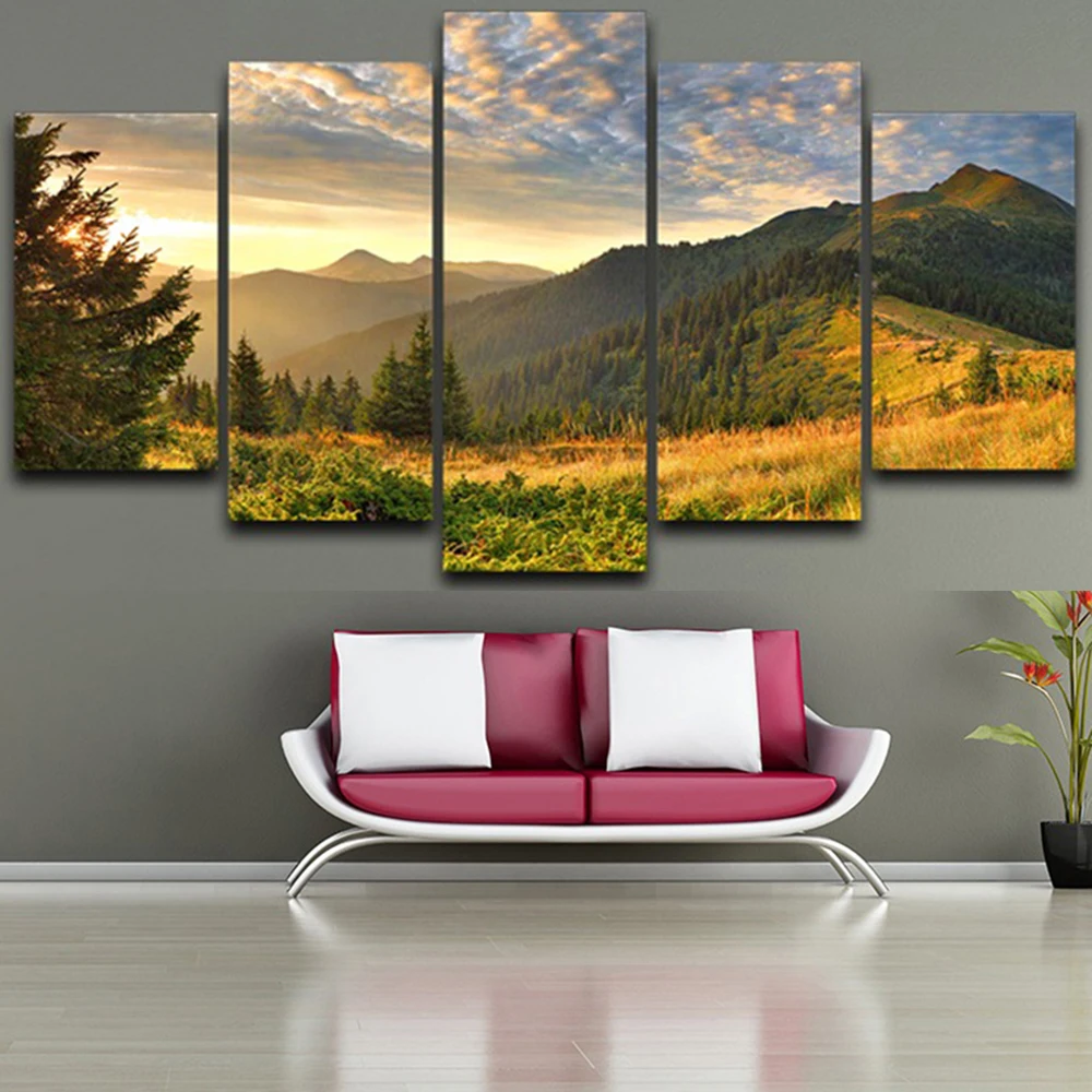 5 Pieces Mountain Valley Prairie Wall Art Canvas Print Painting During Sunset Nature Scenery Poster Modular Pictures Home Decor