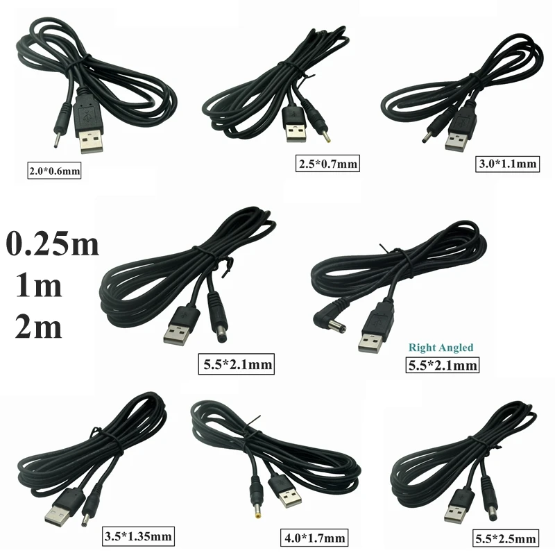 2M 1M Port USB do 2.0*0.6 2.5*0.7mm 3.0*1.1 3.5*1.35mm 4.0*1.7mm 5.5*2.1mm 2.5mm 5V DC Wtyczka Barrel Jack Złącze kabla zasilającego
