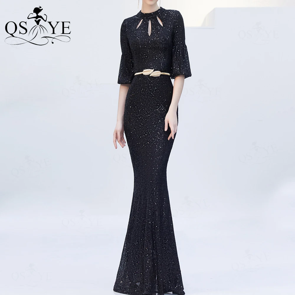 

Long Sleeves Black Evening Dress Sequin Fit Mermaid Prom Gown High Neck Long Party Formal Dress Keyhole Women Chic Dress Prom