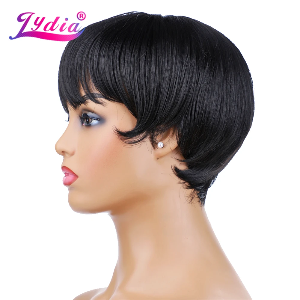 Lydia Short Synthetic Wigs For Black Women 100% Kanekalon  1B# Black Color Bob Wig 6 Inch Heat Resistant With Free Side Bang