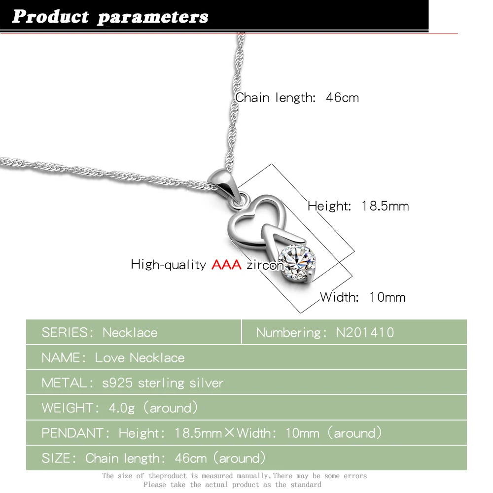 Fashion Heart-shaped Zircon Pendant Necklace Girls 925 Sterling Silver Elegant Necklace Women Clavicle Chain Jewelry Gift