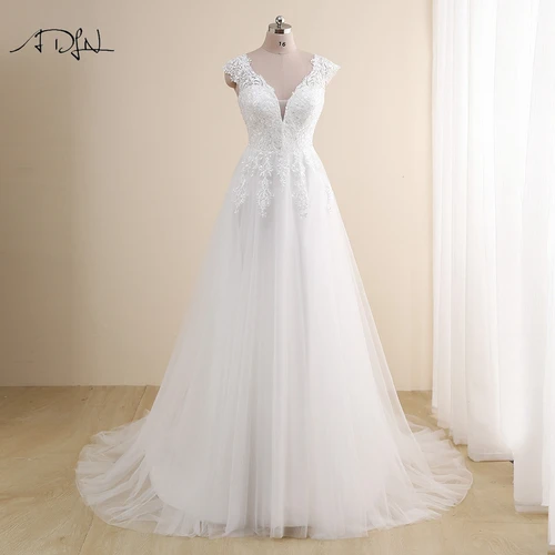 Vestidos De novia modestos con cuello en V y mangas casquillo, vestidos De novia De talla grande personalizados con apliques De encaje De tul, bata De novia personalizada