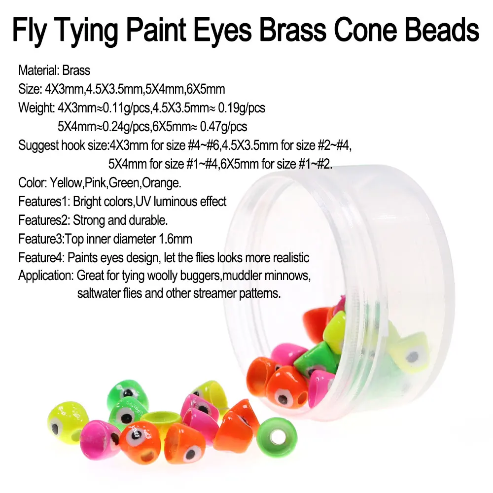 Vampfly 20pcs Fly Tying Paint Eyes UV Brass Cone Head Beads For Tying Woolly Bugger Minnow Streamer Fly Saltwater Fishing Lures