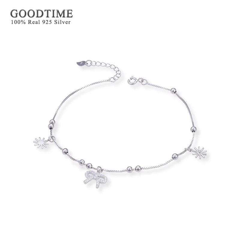 

Fashion Women Anklet 925 Sterling Silver Zircon Bow Beaded Flower Fresh Anklet To Lady Girl Decoration Jewelry Foot Accessories