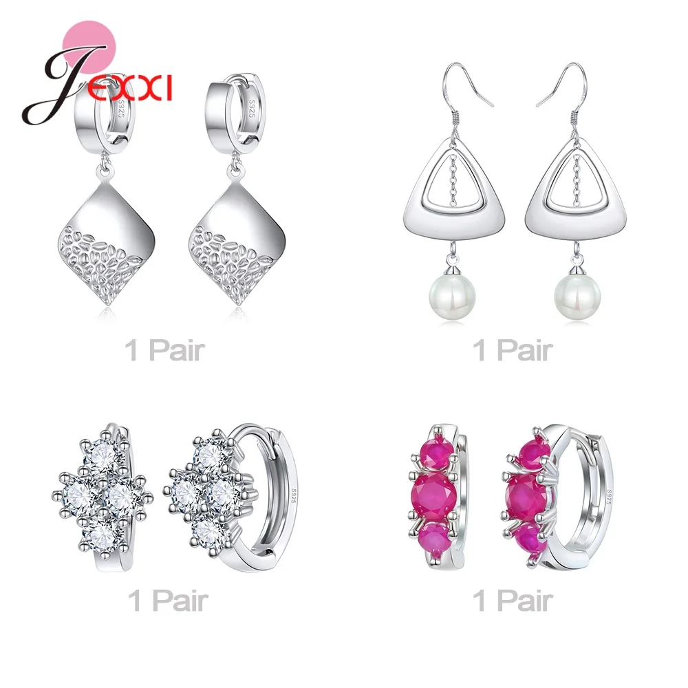 Genuine 925 Sterling Silver Needle Earrings For Women Multiple Style Hoop Earrings For Girls Fashion Jewelry Set 4 Pairs/Lot