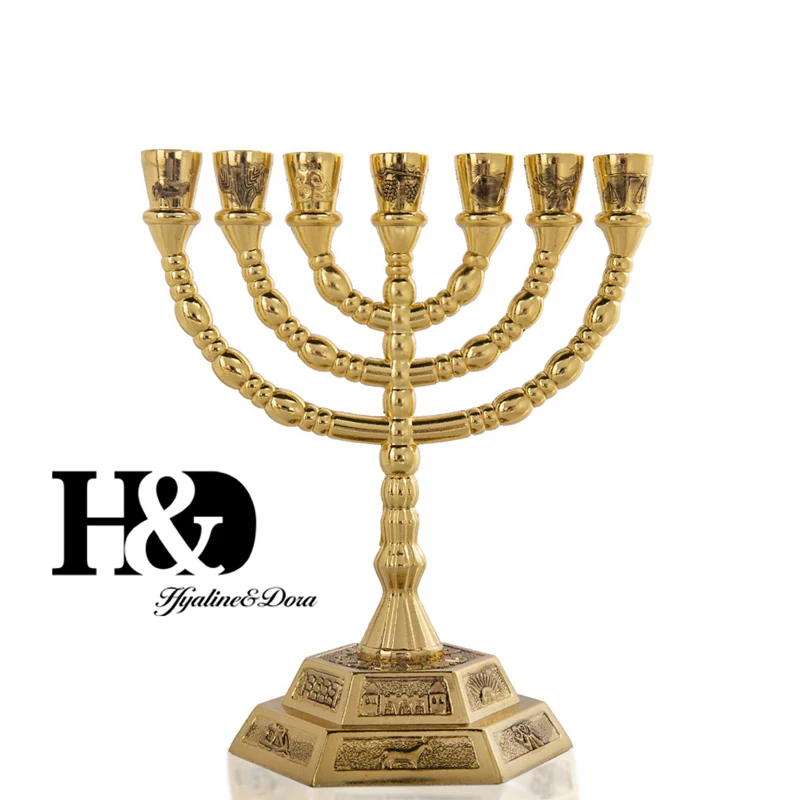 

H&D 7 Branch Hexagonal Base 12 Tribes of Israel Menorah in Gold 6.2" Holy Land Gift Jerusalem Temple Wedding Birthday Decoration