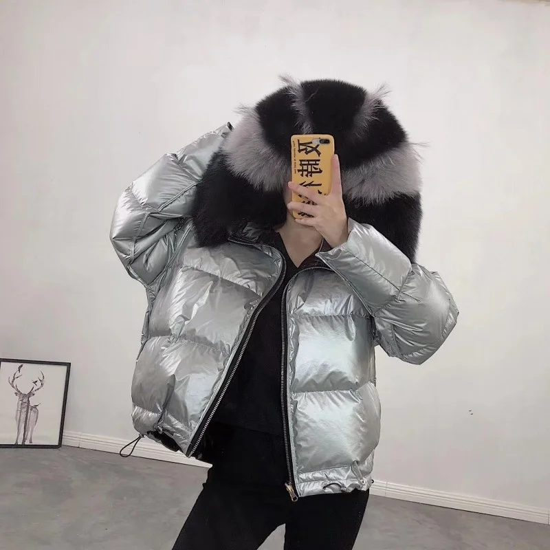 

Real Large Natural Fox Fur Winter Jacket New Double Sided Waterproof Coat Women Down Parkas Coats Hooded White Duck Coat Loose