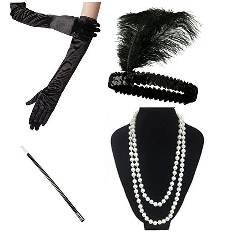 1920s Accessories Headband Necklace Gloves Cigarette Holder Flapper Costume Accessories Set for Women