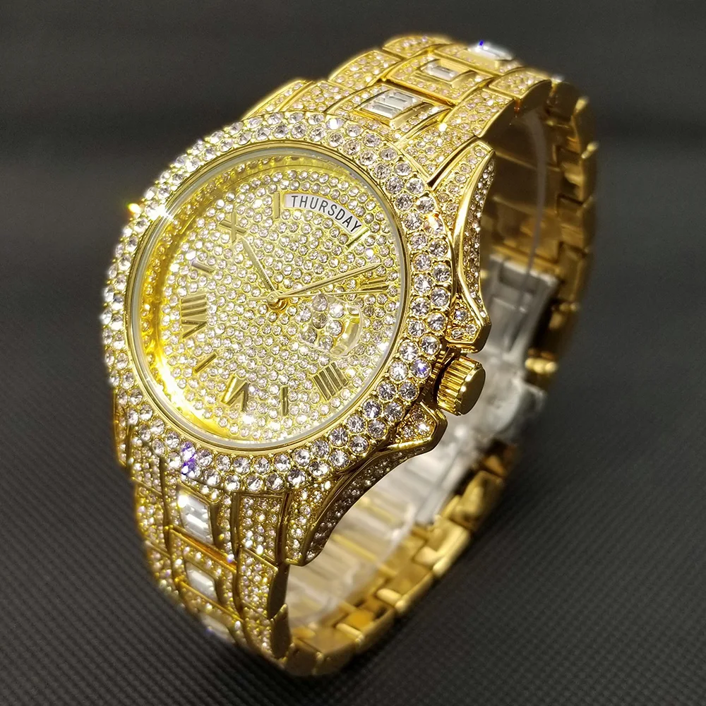 MISSFOX Hip Hop Diamond Mens Watches Luxury Gold Stainless Steel Quartz Watch Week Display Auto Date Day Iced Out Clock 2021 New