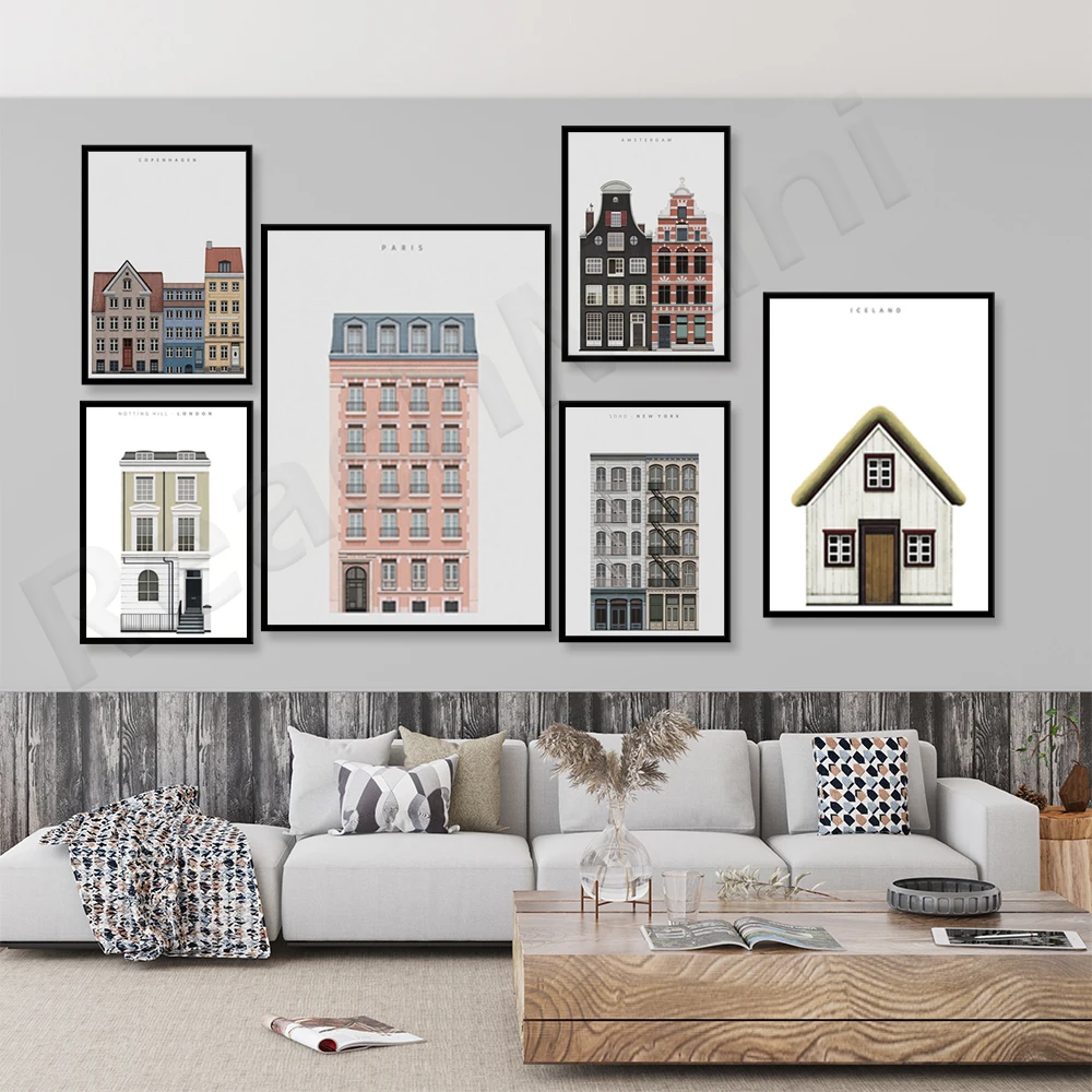 Skyline brushed architectural prints, Amsterdam, Copenhagen, Paris, New York, London, Iceland city travel posters