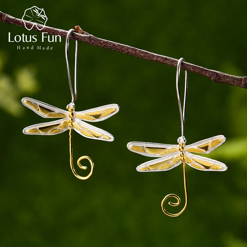 Lotus Fun Real 925 Sterling Silver Natural Style Handmade Fine Jewelry 18K Gold Cute Dragonfly Drop Earrings for Women Brincos