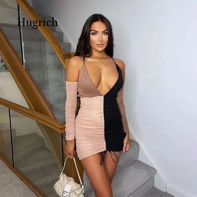 European and American Style 2021 Spring Women's Sexy Low Cut Fashion Color Contrast Design Dress