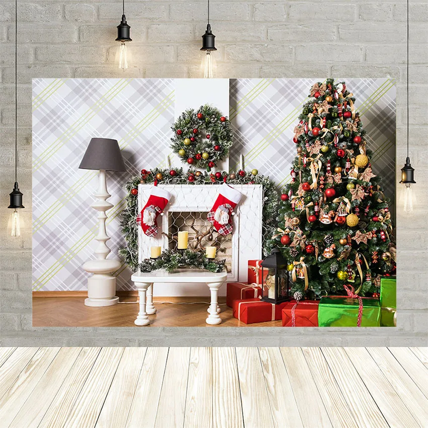 

Avezano Happy Christmas Winter Background Mistletoe Wreath Gift Fireplace Decoration Backdrop For Photo Studio Photophone