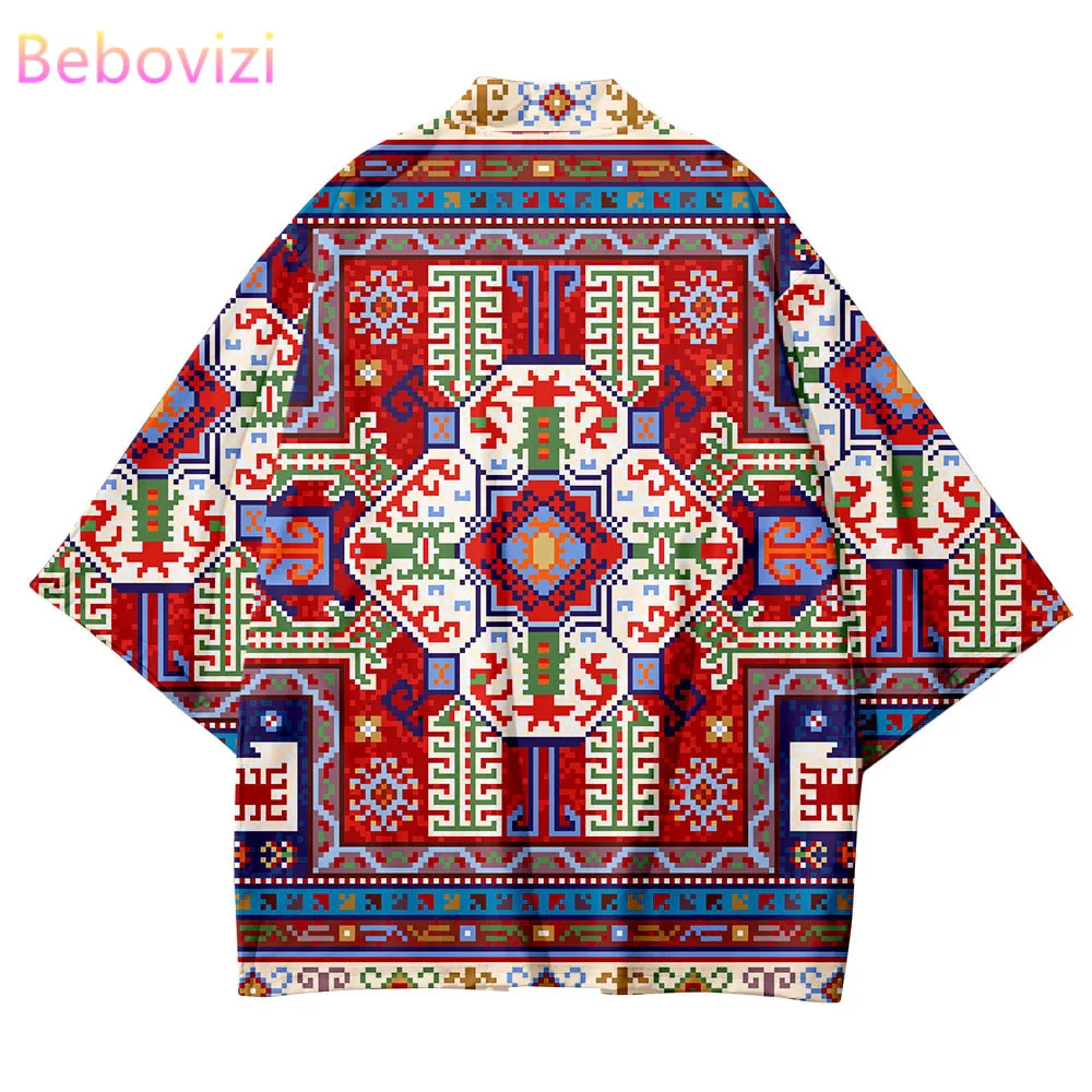 2021 Plus Size XXS-6XL Retro Geometry Loose Japanese Fashion Kimono Streetwear Cardigan Robe Women Men Haori Top Yukata Perform