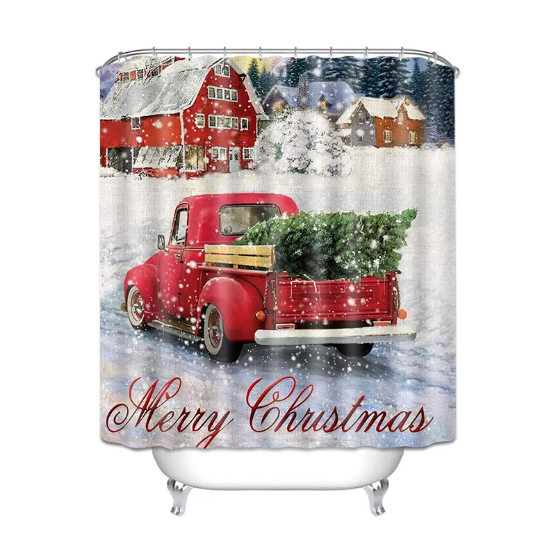Red Pickup Truck Christmas Bath Curtain Sets Xmas Tree Shower Curtain And Non-slip Carpet Mats Waterproof Bathroom Curtains