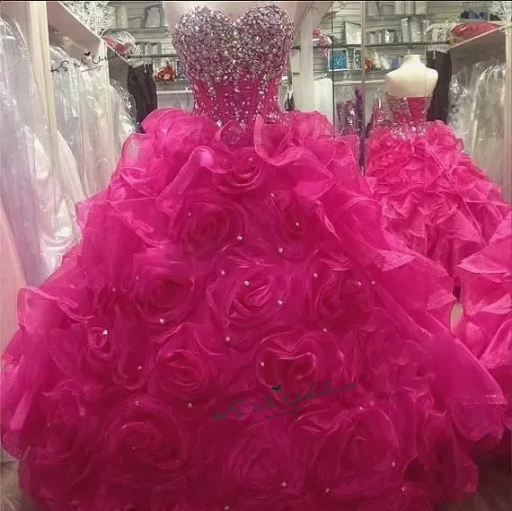 Süße 16 Kleider Puffy Luxus Fushcia Ballkleid Quinceanera Kleider 2020 Vestido de Debütantin Para 15 anos Kristalle Kleid für 15