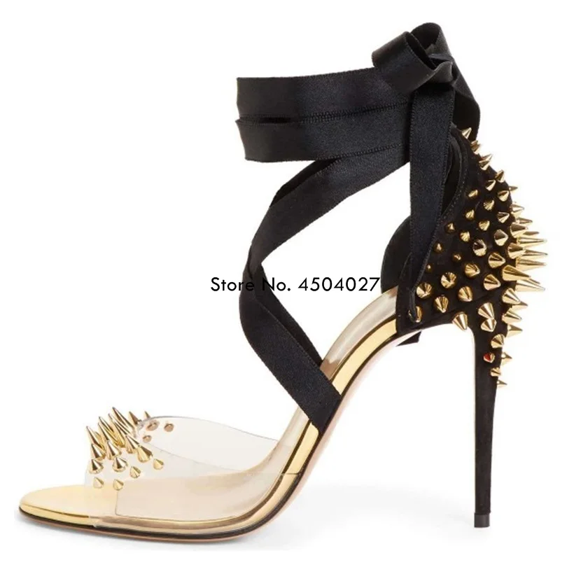 Sexy Black Strappy Transparent PVC Sandals Studded Pumps Gold Sliver Rivets Women Heels Party Dress Shoes