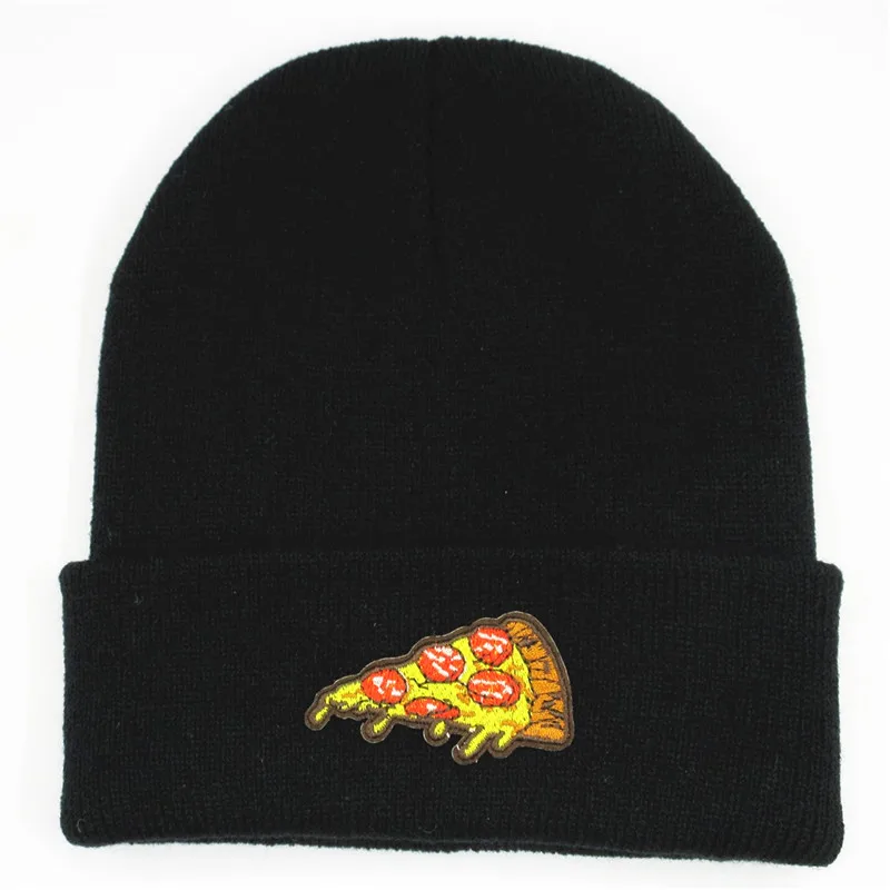 

Pizza Embroidery Cotton Thicken Knitted Hat Winter Warm Hat Skullies Cap Beanie Hat for Men and Women 145