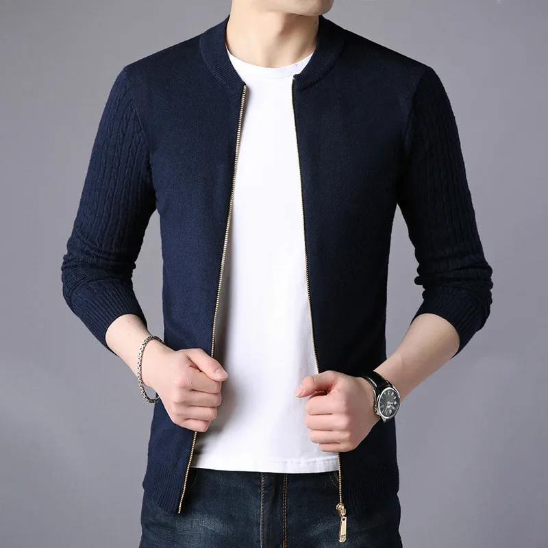 Spring Men\'s Sweater Cardigan Solid Long Sleeve Knitted Coat Full Zipper Casual Wool Sweater Tide Slim Male Autumn Clothing