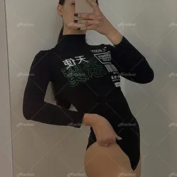 Uzun kollu Bodycon Bodysuit kadınlar için sonbahar goth E-kız kadınlar Bodysuit kış rahat vücut kadın siyah orta yaka Y2k