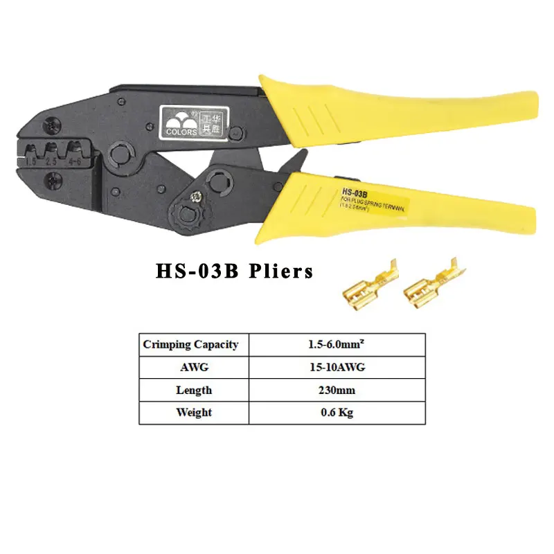 HS-03B wire crimping pliers capacity 1.5-6mm2 15-10AWG for non-insulated tabs and receptacles self-adjusting hand tools set