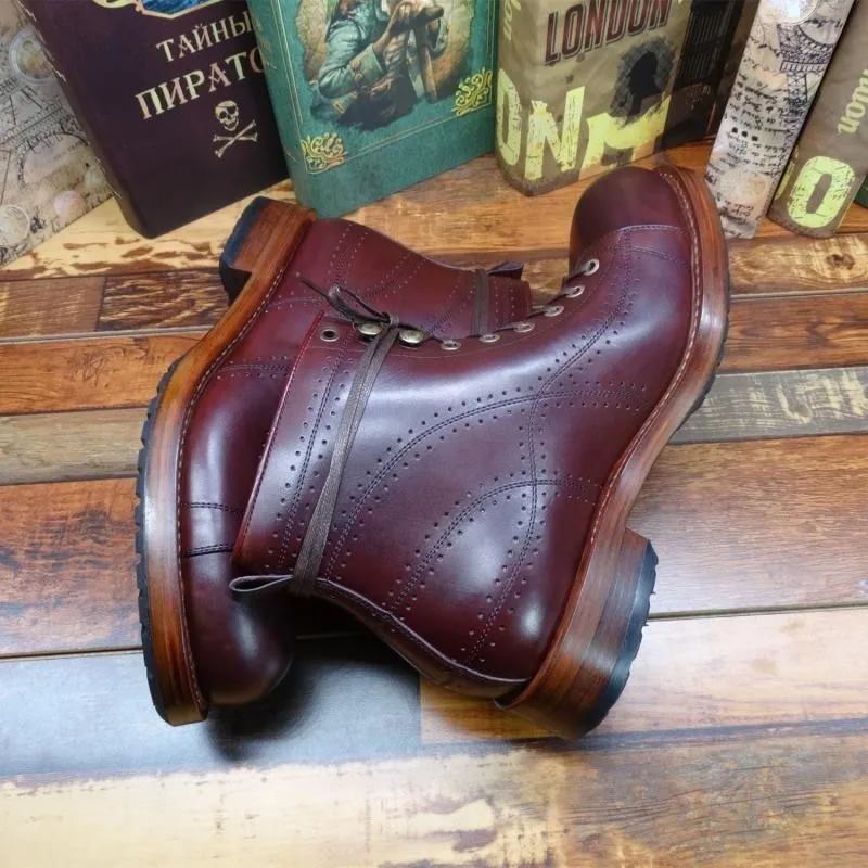 Handmade Mens Cowhide Genuine Leather Round Toe Cargo Ankle Boots Lace Up Work Safety Shoes Man Vintage Motorcycle Riding Boots