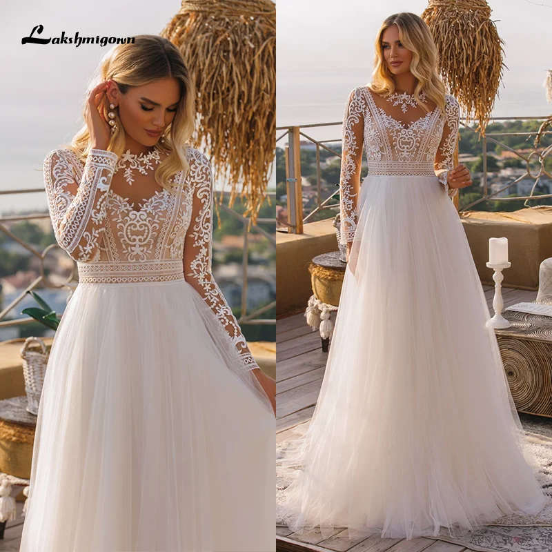 Abiti da sposa Vintage Boho A maniche lunghe 2021 vestido de novia pizzo collo alto Plus Size A Line abiti da sposa da spiaggia robe de mariee