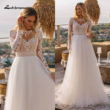 Vintage Lange Mouw Boho Trouwjurk Nieuwste Estido De Novia Kanten Hoge Hals Plus Size A Lijn Strand Bruidsjurken Robe De Mariee