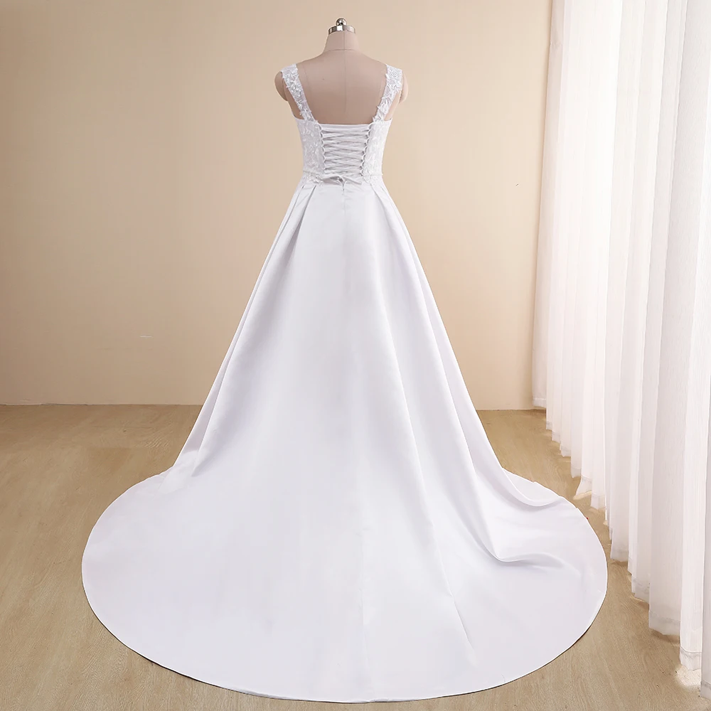 Sexy A Line abito da sposa in raso Cap Sleeve Sweetheart Applique cintura perline Sweep Train Plus Size abito da sposa Robe De Mariee