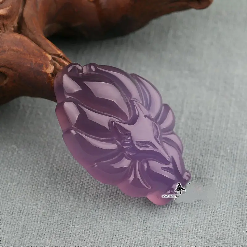 Wonderful Purply Chalcedony Pendant 9 tail Fox Amulet lilac colour Hanging Magical Blessing