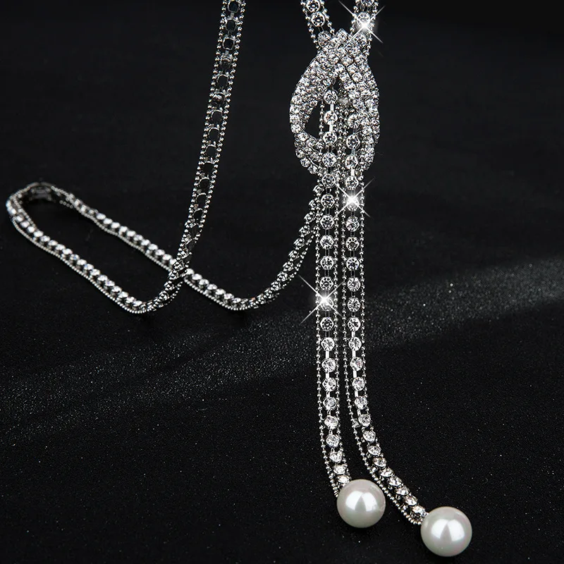 Autumn Winter Joker Long Necklace Women Graceful Tassel Rhinestone Pearl Sweater Chain Kpop Big Name Simple Neck Accessories