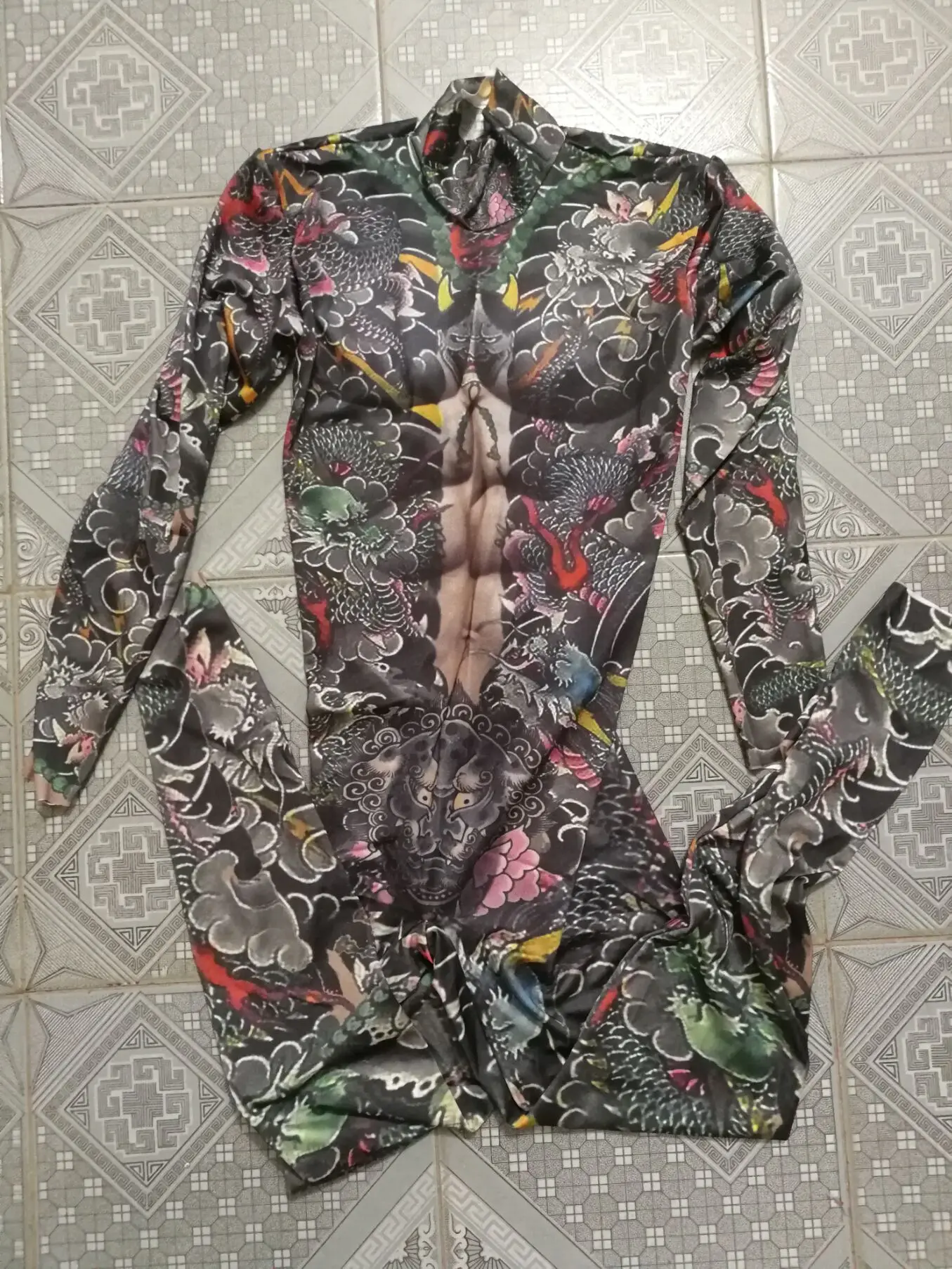 Halloween Nightclub Men Singer Pole dancing Costume Nude Printing Rune Tattoo Jumpsuit Stretch Leotard Jumpsuits DJ Stage Wears