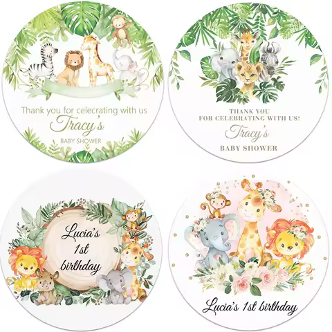 Custom Stickers Jungle Animals Personalized Customize Name Text Zoo Birthday Wild One Safari Baby Shower Baptism Party Labels