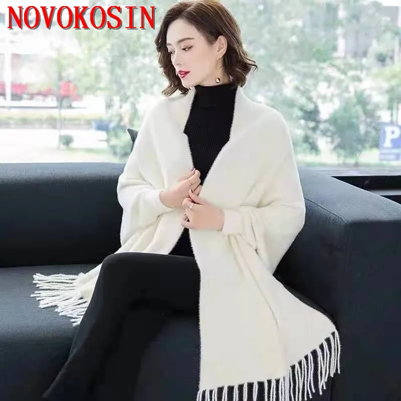 

10 Colors Winter Warm Long Knitted Faux Mink Velvet Thick Poncho Cape Black Cashmere Loose Women Batwing Sleeves Cardigan Coat