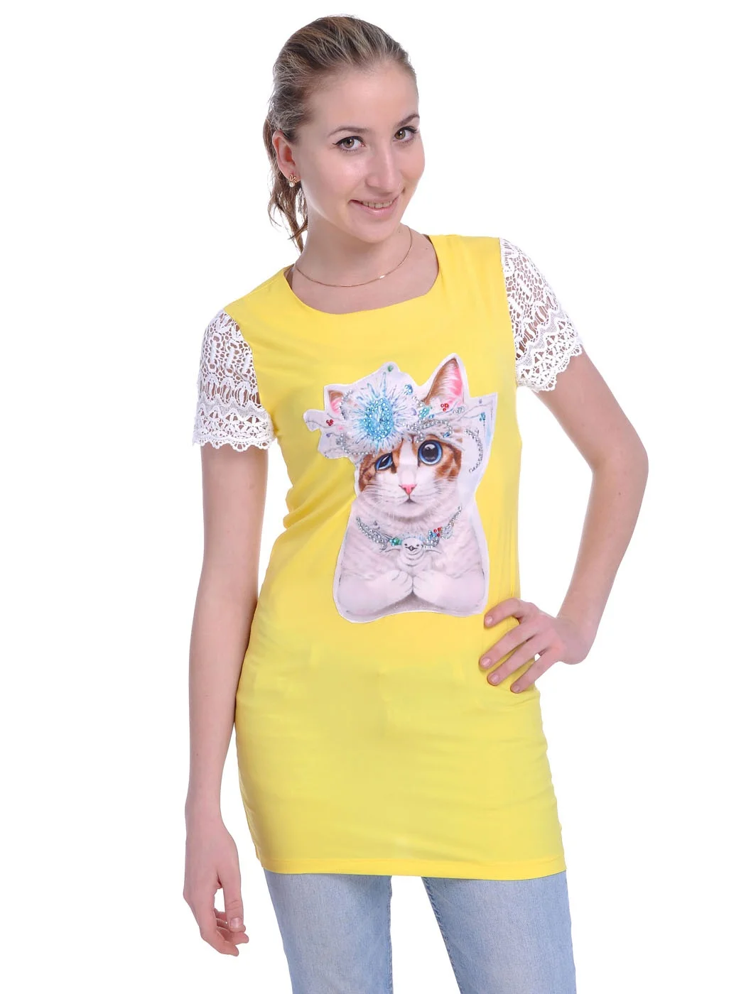 Fit Yellow Bead Embellished Cat Graphic Print Crochet Lace Top Long Women Top Short Sleeve Ladies Clothes