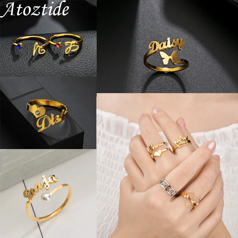 Atoztide Custom Double Name Rings Stainless Steel Adjustable Personlized Women Wedding Rings Unique Chrismas Jewelry Gifts