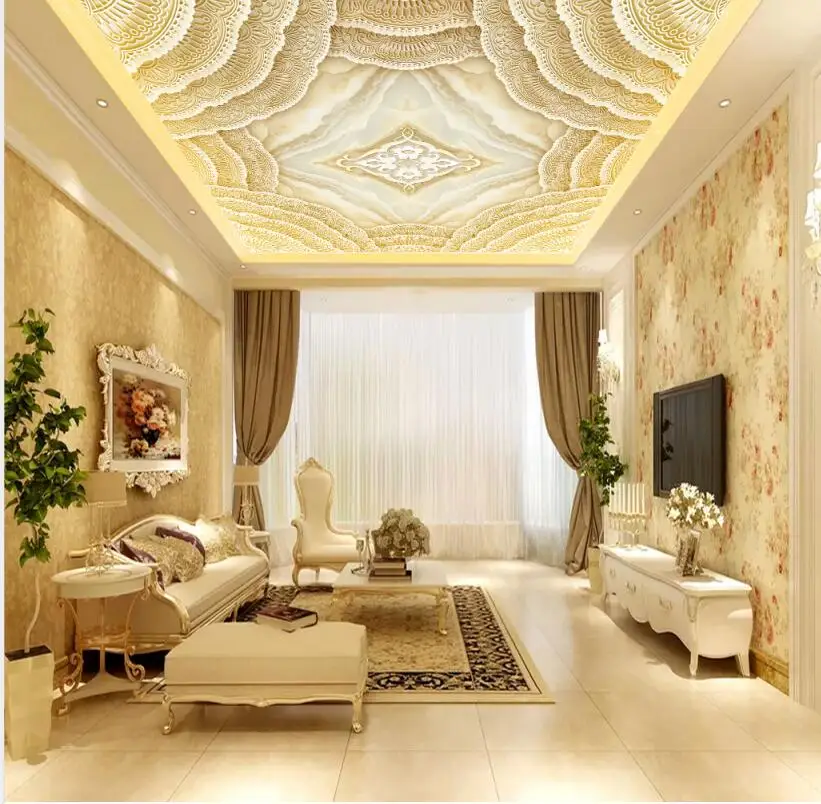 

Golden Hall Marble Classical Ceiling Mural Custom Photo Wall Paper Living Room Mural ceilings