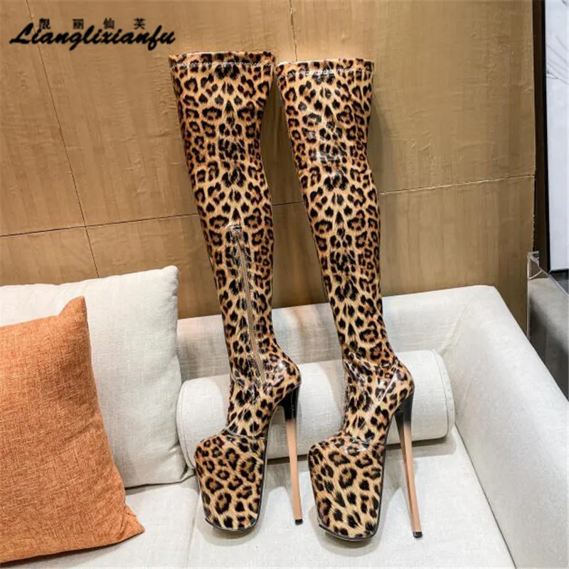 Corssdresser Leopard print Motorcycle botas mujer over-the-knee long Boots Platform Shoes Woman 20cm Thin Heels Party 22cm Pumps