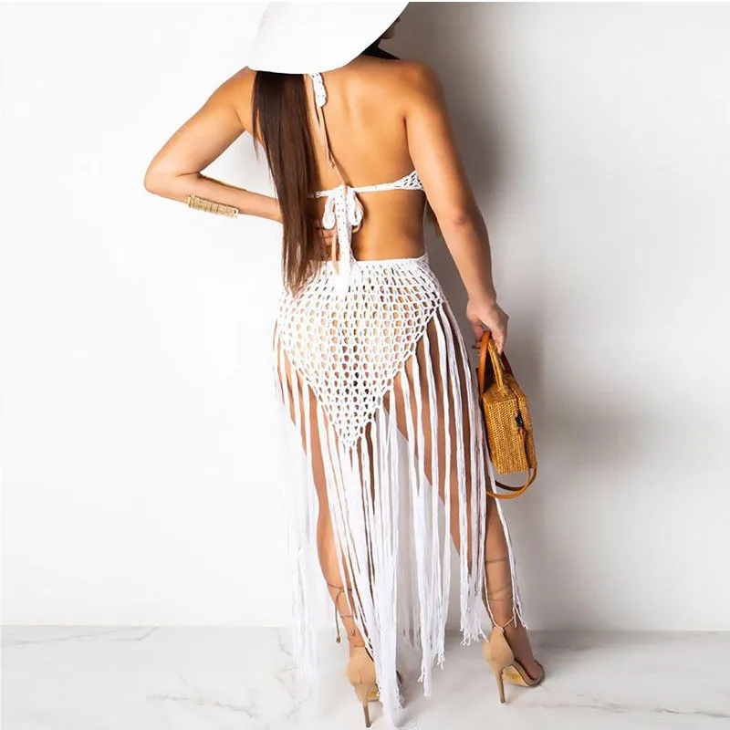 Strand Häkel-Bikini-Vertuschung, sexy Neckholder, rückenfrei, Badeanzug, durchsichtig, aushöhlen, lange Quaste, Strickkleid, weibliche Badebekleidung