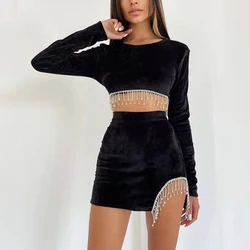 Women Velvet Rhinestone Tassel Hem Clubwear 2Pcs Set Backless Full Sleeve Crop Top+Mini Skit Spring Fall Slim Outfits 2024 Newly
