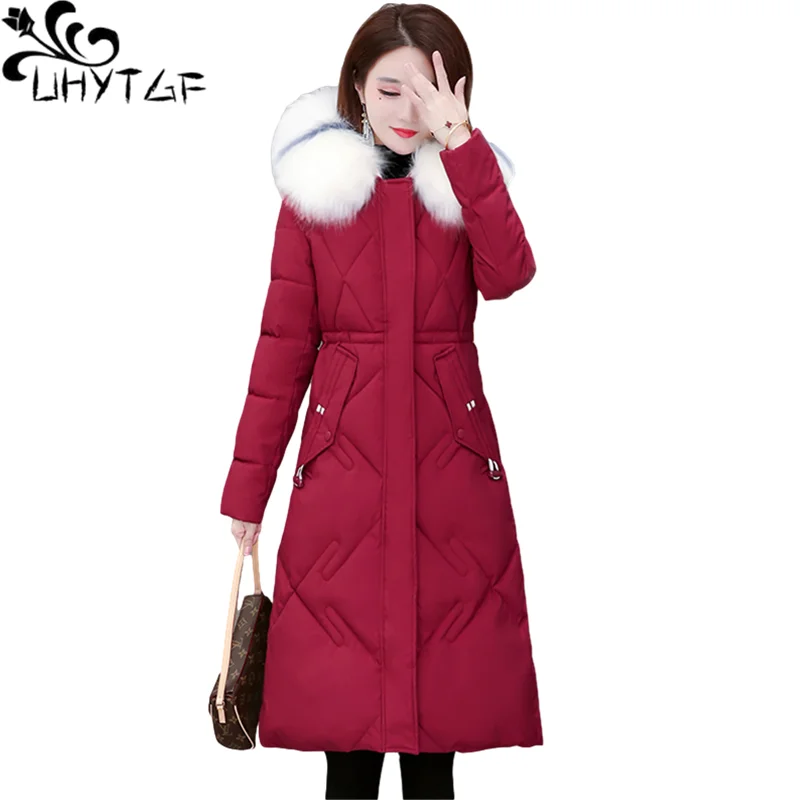 UHYTGF Women's Jacket Quality Down Cotton Winter Coat Fashion Fur Collar Hooded Casual Warm Outwear Big Size Parker Female 1932