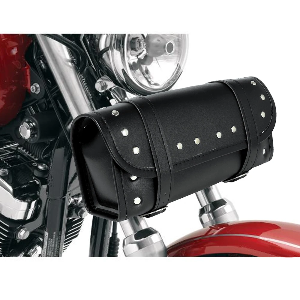 Vintage Motorycle PU Leather Front Fork Tool Bag Storage Saddlebag Black For Universal Harley Honda Cafe Racer